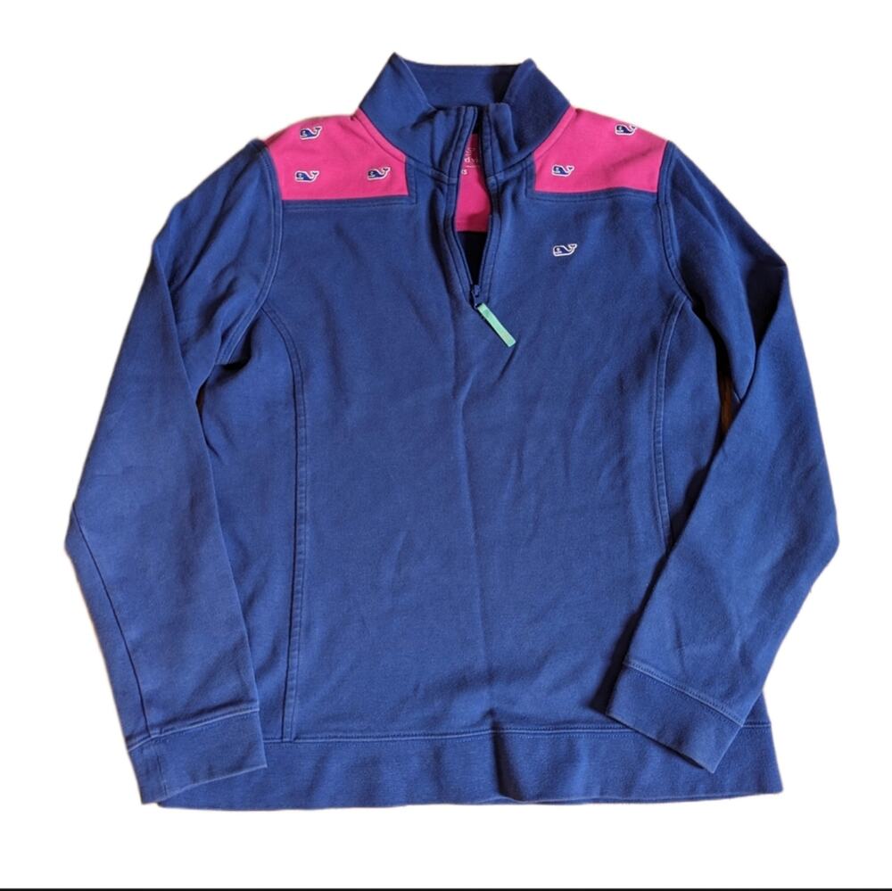 Vineyard Vines Classic Logo Whale Print Navy Pink 1/4 Zip Pullover Sweatshirt